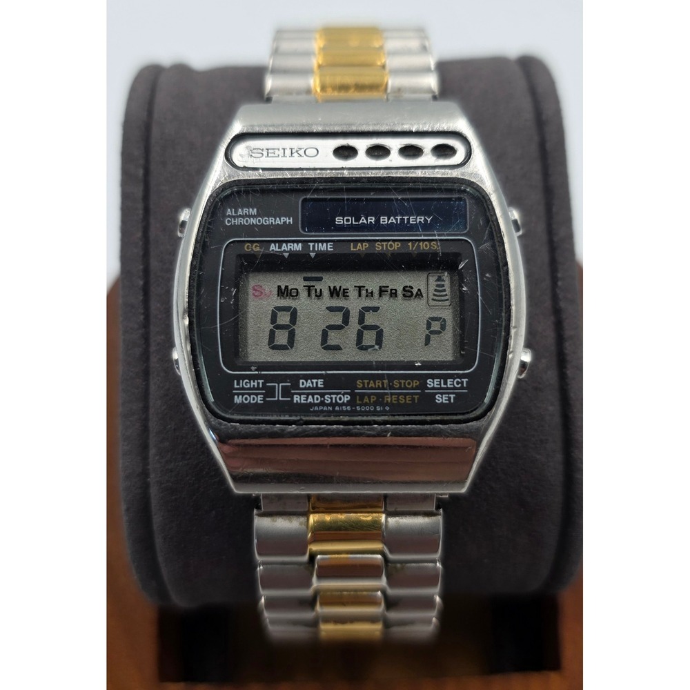 Vintage Seiko A156-5000 Solar Digital Alarm Chronograph LCD Watch Speidel Band